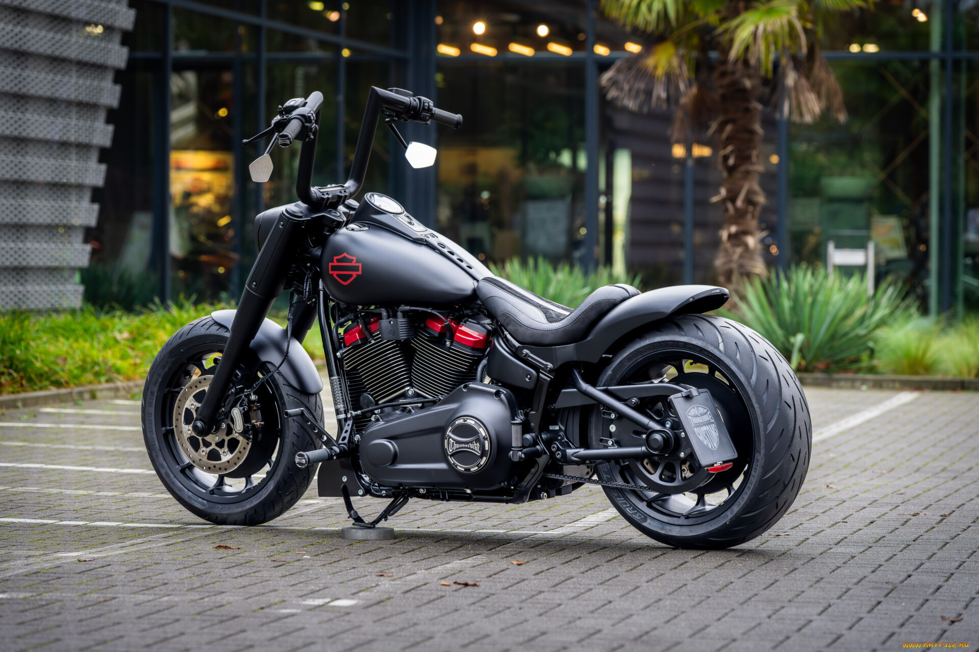 , harley-davidson, softail, fat, boy, customized, custombikes, dark, inferno